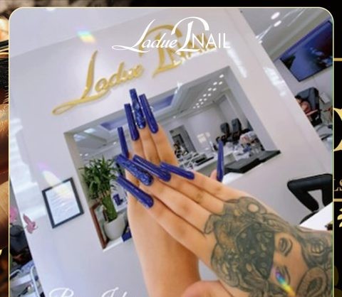 The Ladue Nails and Spa reception, gold signage and mirror stations, Murrieta